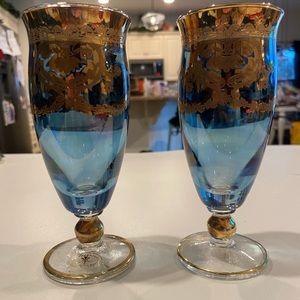 Pair of J. Preziosi Blue and Gold Wine Goblets